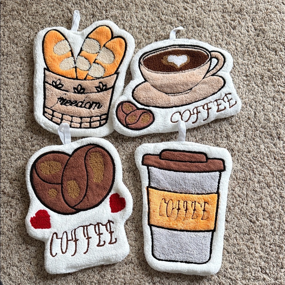 New Coffee-Themed Kitchen Hanging thick hand towels - Beige, Brown & White-